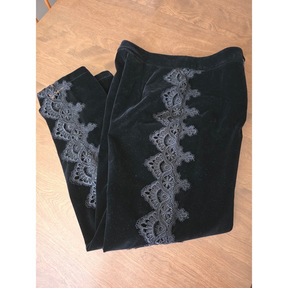 Commense Black Velvet Wide Leg Pants Sheer Lace Side Panel High Rise Large NEW - Picture 7 of 16